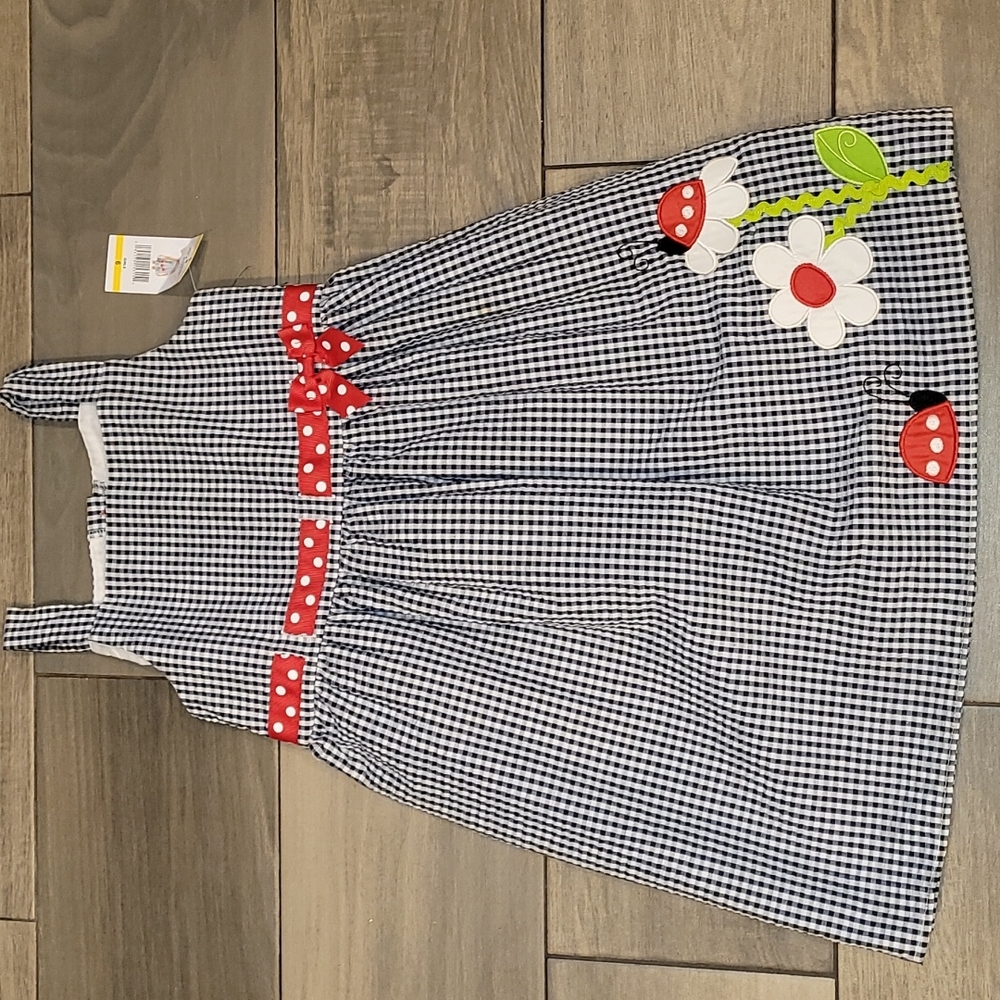 NWT Emily Rose Checkered Dress With Embroidered Flower and Lady Bugs Size 6